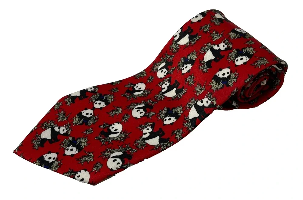 Rene Chagal Italian Design Mens Necktie Giant Panda Red Silk Classic Neck Tie